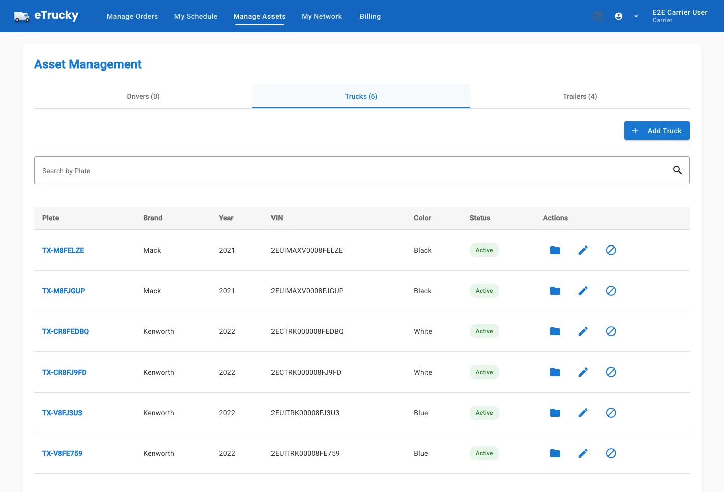 The real eTrucky Asset Management screen, showing the Drivers, Trucks, and Trailers tabs with the Trucks table (plate, brand, year, VIN, color, status) and the Add Truck button.
