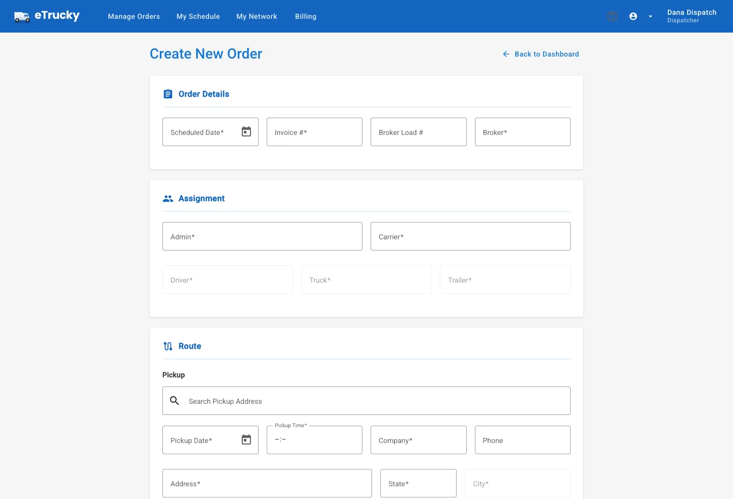 The real eTrucky Create New Order form, showing the Order Details section (Scheduled Date, Invoice #, Broker Load #, Broker) and the Assignment section (Admin, Carrier, Driver, Truck, Trailer).