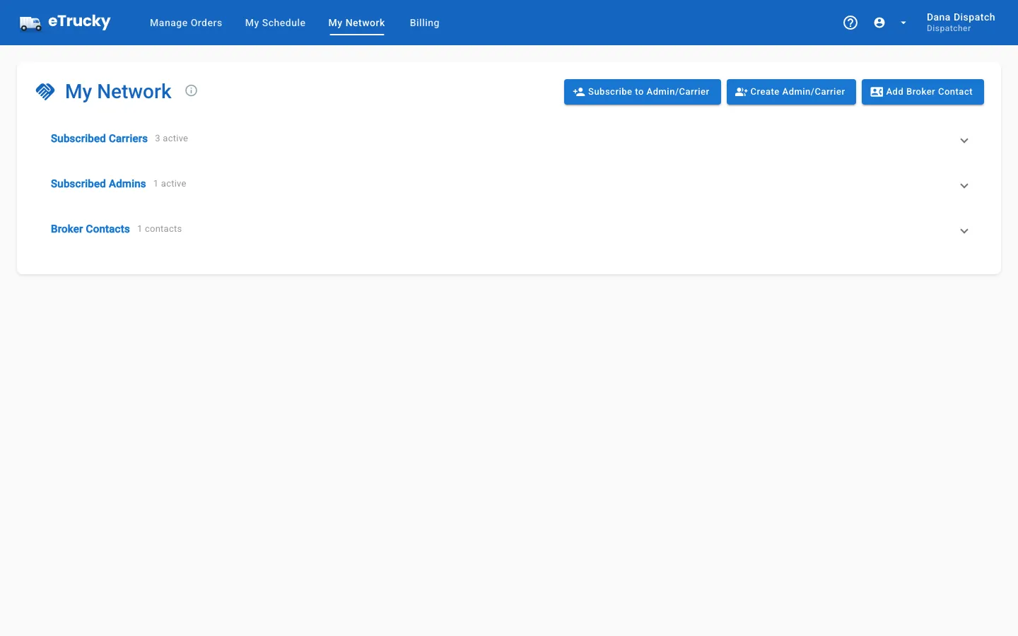 The real eTrucky My Network screen, showing the Subscribed Carriers and Broker Contacts sections with the Subscribe, Create, and Add Broker Contact actions.