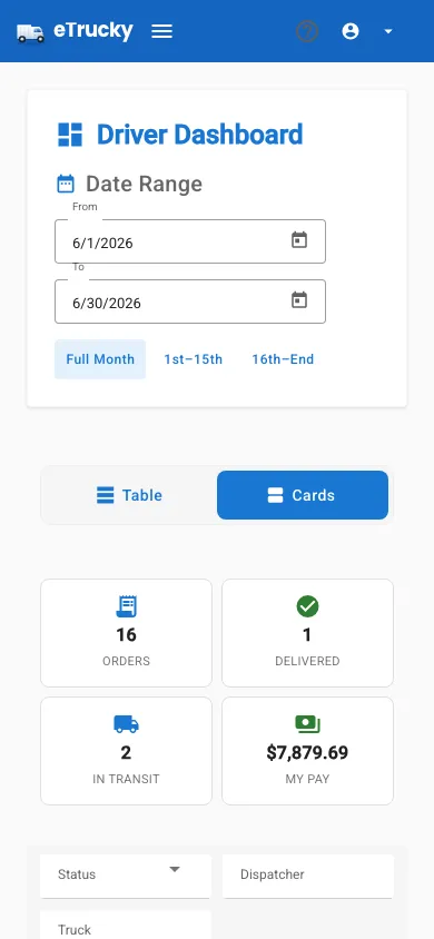 The real eTrucky Driver Dashboard on a mobile phone, showing the date range selector, the Table and Cards view toggle, and the order filters for assigned loads.